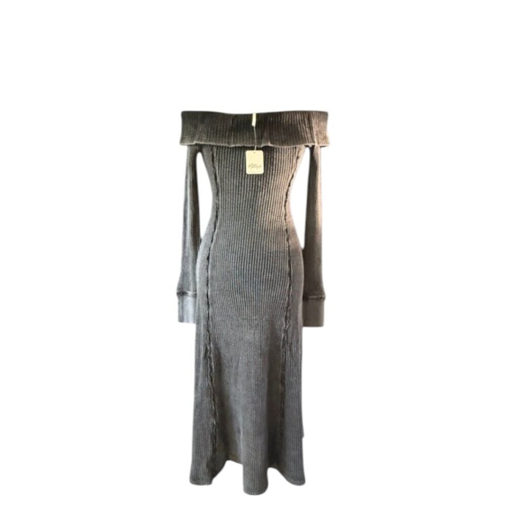 Free People Monty Midi Dress Black Off the Shoulder Long Sleeve Waffle Knit Sml - Picture 11 of 16